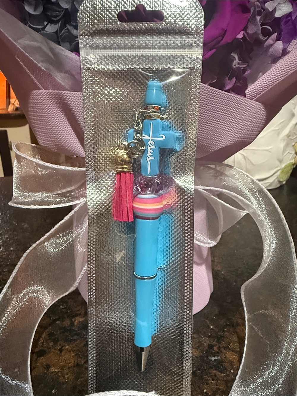 Hand Crafted Light Blue Cross Pen with Pink Tassel